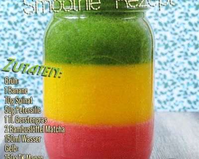 Jah Rastafari – Smoothie mit Matcha, Gerstengras, Petersilie, Mango, Banane, Erdbeere und Spinat