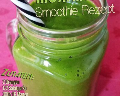 Grüner Smoothie mit Matcha, Hanfprotein, Spinat, Gurke, Mango und Orange