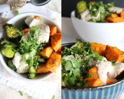 Süßkartoffel-Brokkoli-Bowl mit Hanf-Sesam-Soße