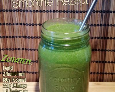 Grüner Smoothie mit Maquipulver, Hanfprotein, Petersilie, Spinat, Apfel, Nashibirne und Mango