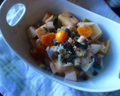 Vegan Detox – Tag 7 : Obstsalat mit Gewürzjoghurt und Kernen – Winterbohnensuppe „die 2.“ – mit Mango gefüllte Paprika