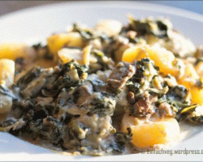 Kartoffelauflauf mit Austernpilzen und Mangold