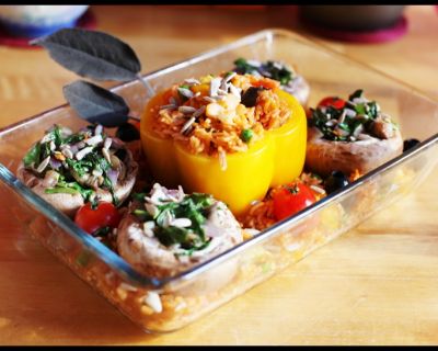 Rezept vom 01.07.2015: Champignons mit Basilikum Füllung & Paprika mit Basmati Gemüse Füllung (Vegan möglich)