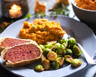 Pilz-Tofu-Braten mit Süßkartoffelstampf