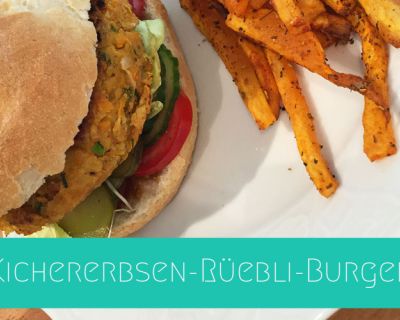 Kichererbsen-Rüebli-Burger mit Süsskartoffelpommes | Rezept