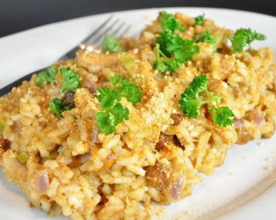 Bierrisotto mit Pfifferlingen und Veggie-Wurst