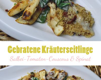 Gebratene Kräuterseitlinge mit Salbei-Tomaten-Couscous & Spinat