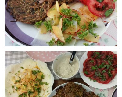 Zucchinipuffer aus dem Ofen, Joghurt Dip und Kohlrabi -Nektarinen Carpaccio