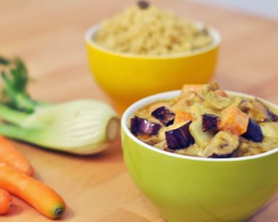 Ofencurry in Kokossauce mit Safranreis