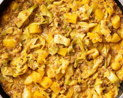 Vegane Spitzkohl-Hackfleisch-Pfanne mit Kartoffeln