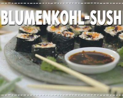 Blumenkohl-Sushi mit Rotkraut, Avocado, Karotten & Paprika