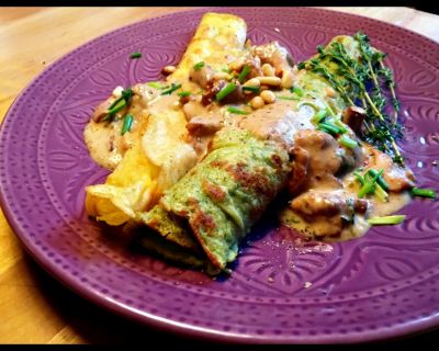 Rezept vom 02.07.2017: Pesto Crêpes mit Rahm Pfifferlingen (Vegan)