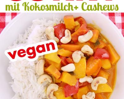 Veganes Kürbis-Mango-Curry mit Kokosmilch & Cashews