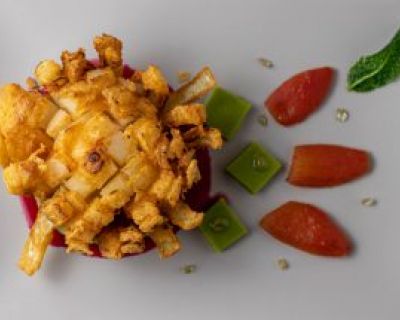 Tomatenthunfisch an Zwiebelblume auf Kartoffel-Buchenblätter-Püree mit Granatapfelsauce, frittierter Minze und Erbsgelee