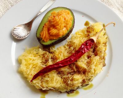 kürbisspaghetti mit süßkartoffelbrei