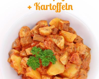 Veganes Tofu Gulasch mit Kartoffeln und Champignons