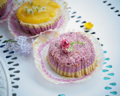 Samtige Mispel-Himbeertörtchen mit Kokos-Dattelboden 